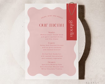 Retro Menu Template Download with place card tags, Wave Pink and Red Modern Wedding Menu Modern Menu Editable Escort card Templett #057