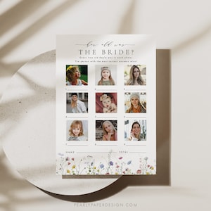 May include: A printable bridal shower game with nine photos of the bride at different ages. The game asks guests to guess how old the bride was in each photo. The person with the most correct answers wins.