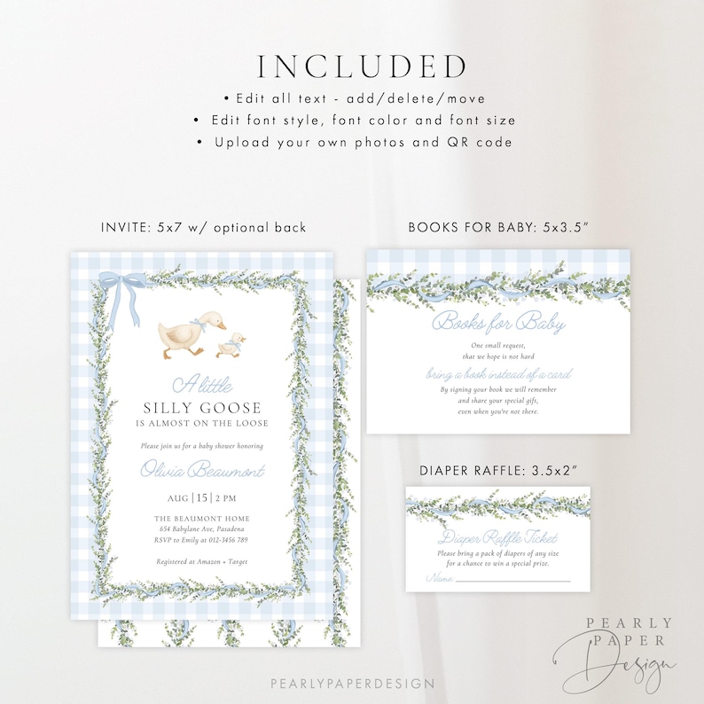 Peut inclure: Ensemble de faire-part de baby shower sur le th&egrave;me de l'oie. L'invitation pr&eacute;sente un fond vichy bleu, des d&eacute;tails floraux et le texte "A little SILLY GOOSE is almost on the loose." Comprend une tombola de couches et des cartes de demande de livres.