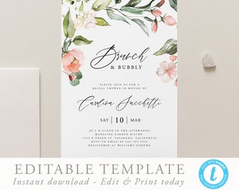 Floral Brunch and Bubbly Bridal Shower Invitation Template Peach and Pink Bridal Shower Invite Editable bridal invite Floral Shower 17