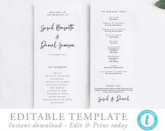 Wedding Ceremony Program Simple program template Modern wedding order of service editable wedding program Templett 16
