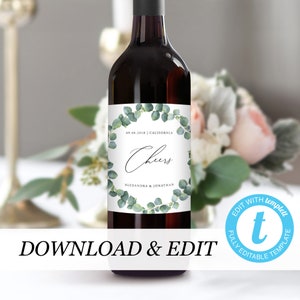 Wedding Wine Bottle Label Template, Eucalyptus label Fully Editable, Printable Wine Bottle Sticker, Rustic, Templett, Instant Download 04