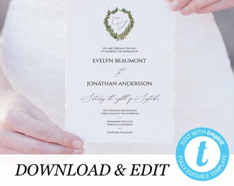 Templett Wedding Invitation Template Rustic Monogram Printable Wedding Invitation DIY PDF Instant Download Editable Rustic Wedding
