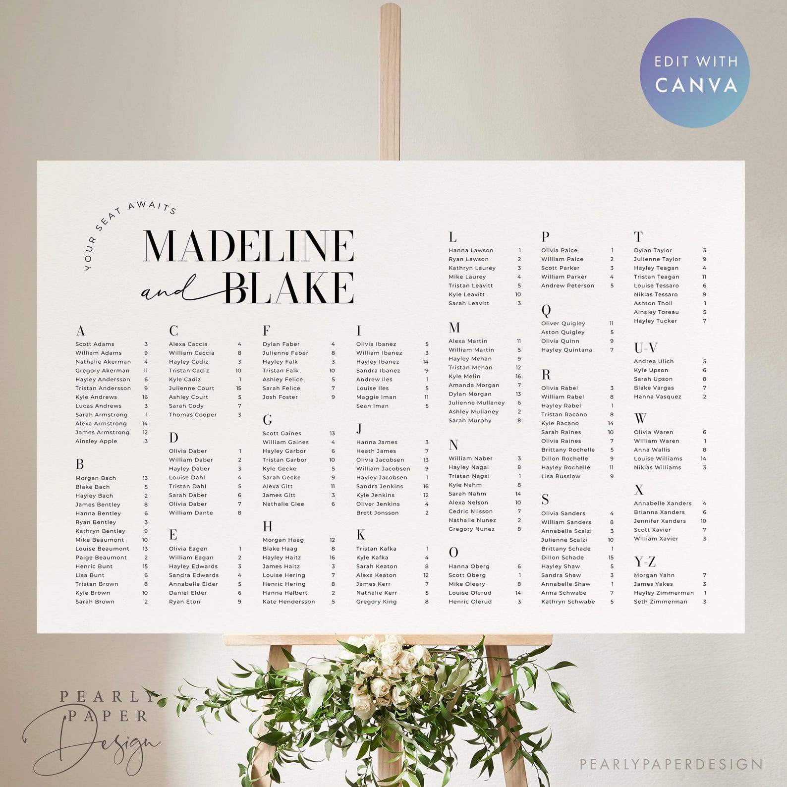 Alphabetical Seating Chart Template, Minimalist Wedding Seating Sign ...