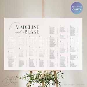 Alphabetical Seating Chart Template, Modern Wedding Seating Plan, Alphabetical Seating Sign, Printable Seating Chart, Canva #MB01 MADDIE