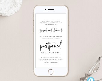 Modèle de mariage reporté pour mariage moderne à télécharger Faire-part d'annulation de calligraphie Evite sans papier Changement de plans Templett 16