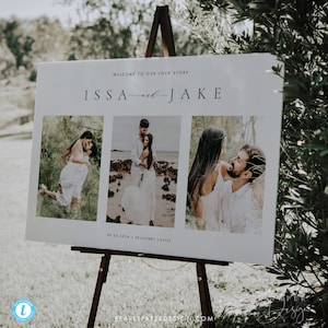 Puede incluir: Un cartel de bienvenida de boda blanco con los nombres Issa y Jake, la fecha 09.23.2024 y la ubicación Belcourt Castle. El cartel presenta tres fotos de la pareja.