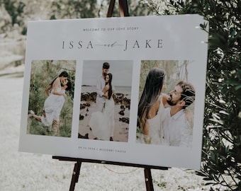 May include: A white wedding welcome sign with the names Issa and Jake, the date 09.23.2024, and the location Belcourt Castle. The sign features three photos of the couple.