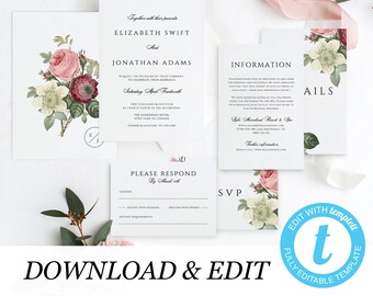 Marsala Wedding invitation template Floral, Templett botanical flowers, simple invitation Wedding DIY Printable invitation, instant download