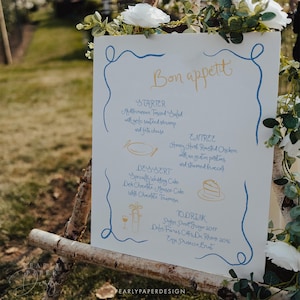 Whimsical Wedding Menu Sign Template, Bon Appetit Wedding Menu Sign, Hand Drawn Doodle Wedding Menu, Blue and Yellow Menu, Templett #096