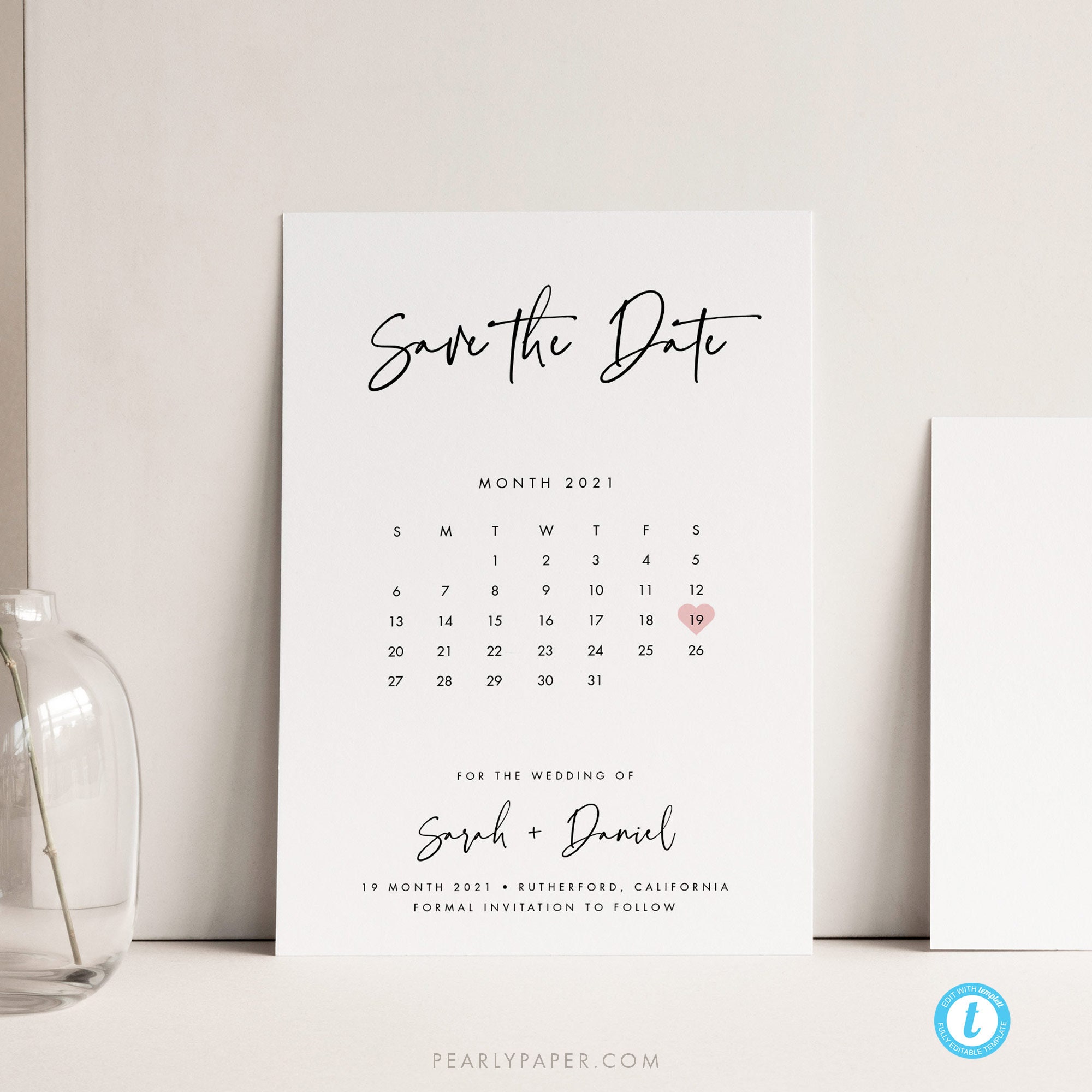 Save the Date Template Calendar Wedding Printable save our date invitation  Templett modern simple editable invite Calligraphy DIY 22 With Save The Date Postcards Templates