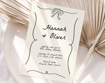 Plantilla de invitación de boda original, invitación de boda con lazo, invitación de boda moderna y manuscrita, Templett n.° 074
