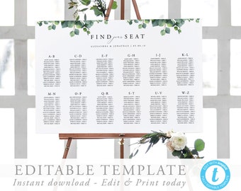 Alphabetical Seating Chart Sign template Eucalyptus Rustic Wedding Guest list Editable seating plan printable seating poster Templett 04