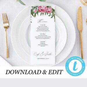 Printable Wedding Menu Rustic Wedding Menu Template Floral Menu Cards Instant Download Editable Menu Rustic Wedding Printable
