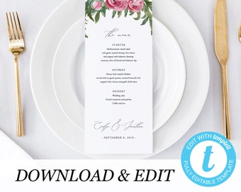 Printable Wedding Menu Rustic Wedding Menu Template Floral Menu Cards Instant Download Editable Menu Rustic Wedding Printable