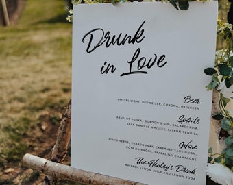 Modern Bar Menu Sign Template, Drunk in Love Bar Menu Sign, Editable Wedding Printable Bar Menu Wedding Drinks Sign, Templett #075