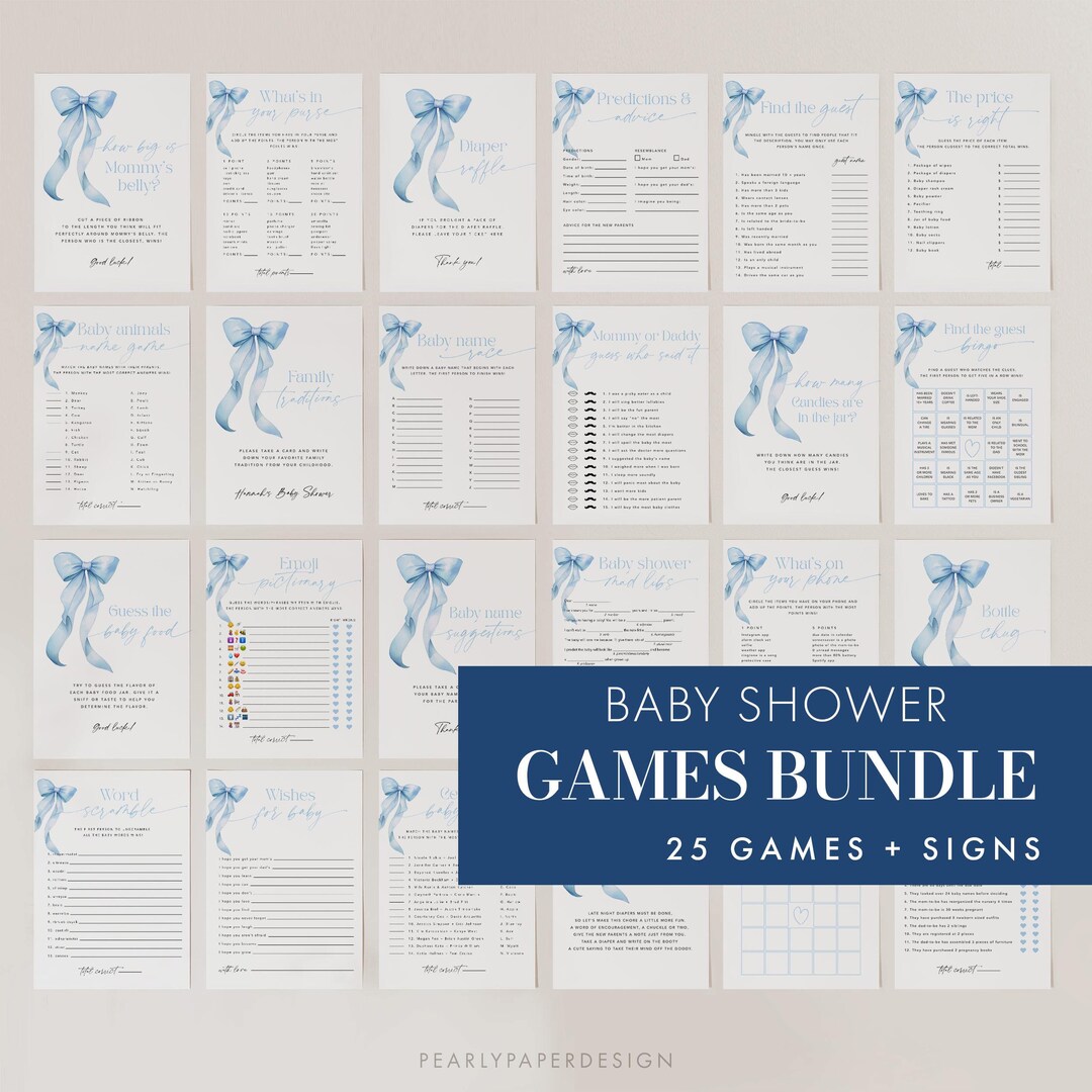 Blue Baby Shower Game Bundle, Blue Bow Baby Game Bundle Template ...