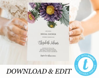 Plantilla editable de invitación de despedida de soltera, invitación de despedida de soltera con flores moradas, imprimible, totalmente editable, descarga instantánea, Templett