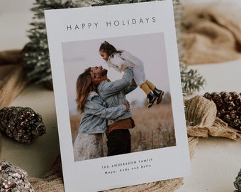 Plantilla imprimible para tarjetas navideñas, plantilla minimalista con foto navideña, tarjeta navideña sencilla, tarjeta de felices fiestas