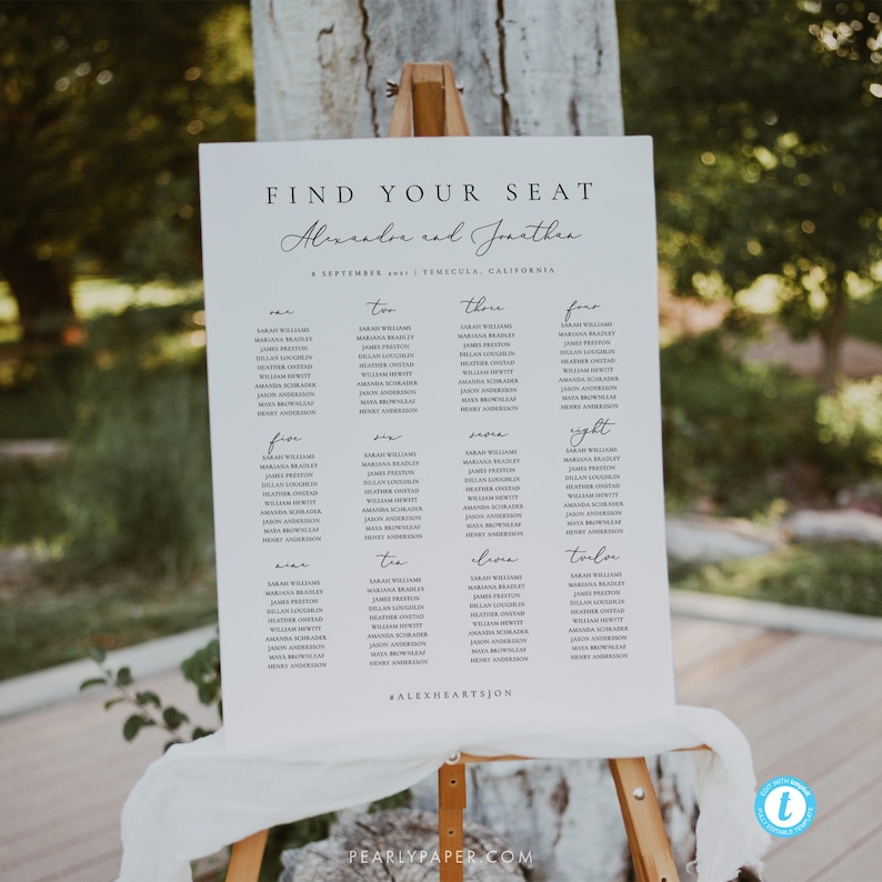 May include: A white wedding seating chart with black text. The chart is titled "Find Your Seat" and lists the names of guests assigned to different tables. The names are organized by table number, with the table numbers listed in a column on the left side of the chart. The chart also includes the names of the bride and groom, "Alexandra and Jonathan", and the date and location of the wedding, "8 September 2021 | Temecula, California".