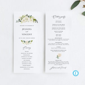 May include: Wedding ceremony program with white flowers and greenery on the cover. The program lists the order of events for the wedding of Juliana and Vincent, taking place on July 25, 2020 at Beaulieu Gardens. The back of the program lists the wedding party.