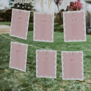 Modello di carte per la tabella dei posti a sedere Wave, piano dei posti a sedere in ordine alfabetico, carte per i posti a sedere dei tavoli retrò, piano dei posti a sedere per matrimoni rosa, Templett #057