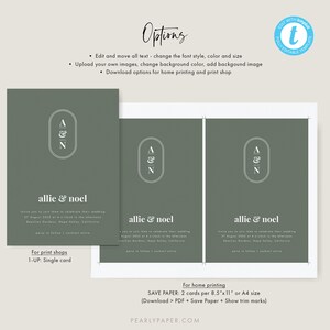May include: A printable wedding invitation template with a green background and white text. The text says "allie & noel" and includes the date, time, and location of the wedding. The template is available for both print shops and home printing.