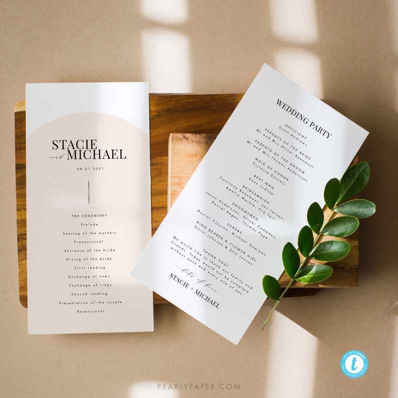 May include: Wedding ceremony program with a minimalist design. The program features the names "Stacie & Michael" and the date "08.21.2021". The program lists the order of events for the ceremony and the wedding party.