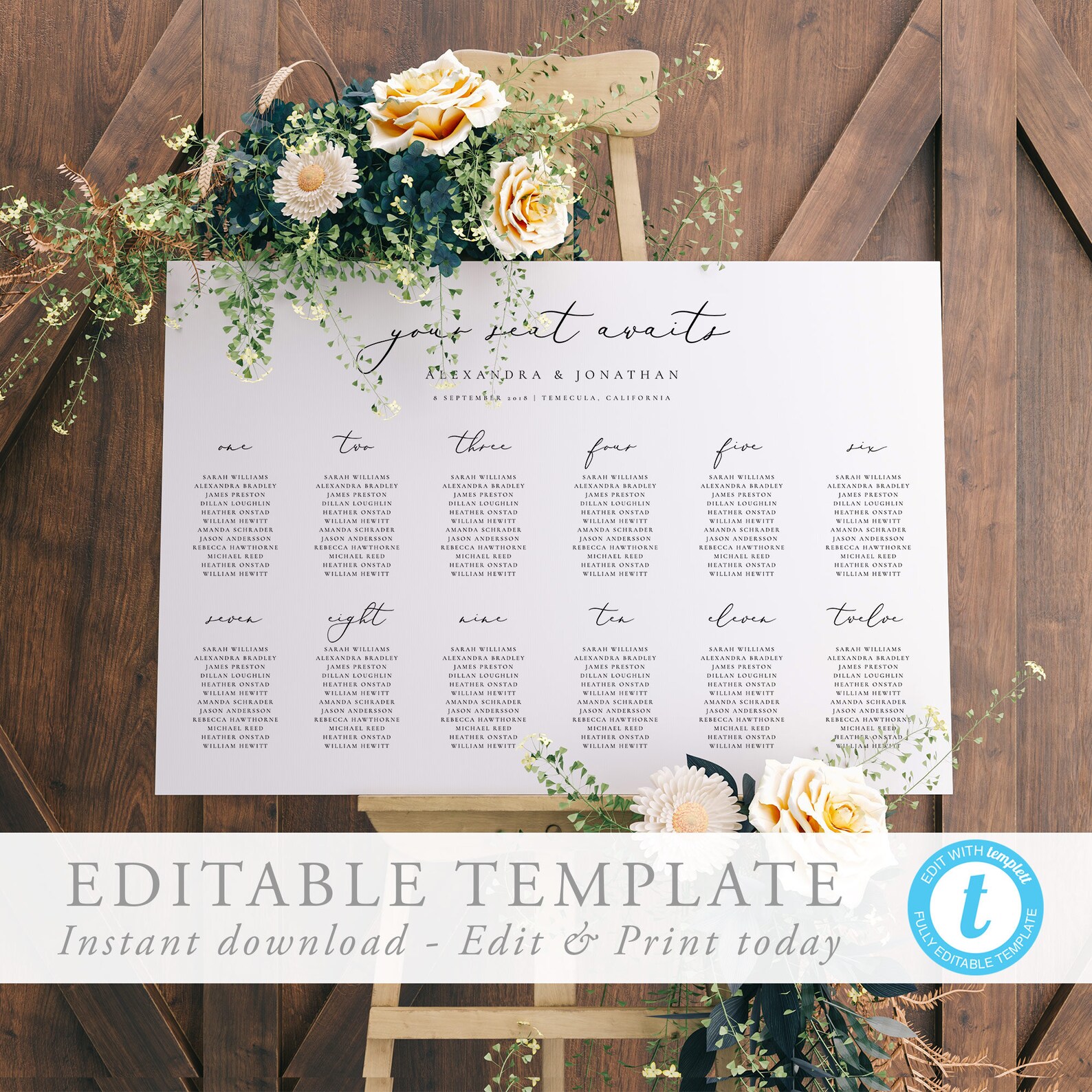 Modern Table Seating Chart Template Editable Seating Elegant - Etsy