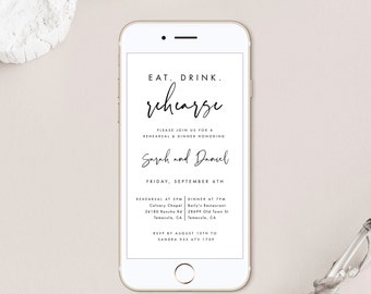 May include: A white and black mobile phone screen displaying a wedding rehearsal dinner invitation for Sarah and Daniel. The invitation includes the date, time, and location of the rehearsal and dinner. RSVP information is also included.
