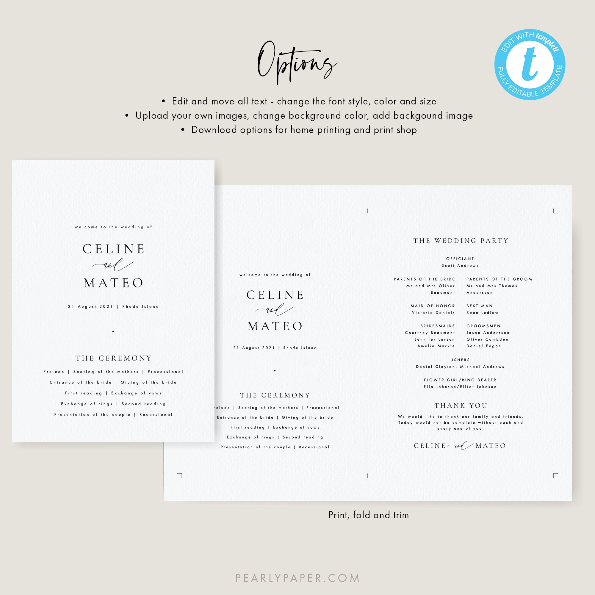 Printable Wedding Ceremony Program Fan Template Simple Modern | Etsy