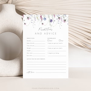 Plantilla de tarjeta con predicciones florales para bebés, plantilla de tarjeta con consejos para baby shower estilo boho, plantilla de juego para bebé imprimible, juego de baby shower con flores silvestres n.° 081