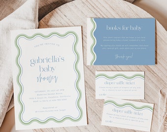 Modello di invito per baby shower blu, invito per baby shower per maschietto, libri per neonati, lotteria dei pannolini, invito moderno per baby shower, Templett #057