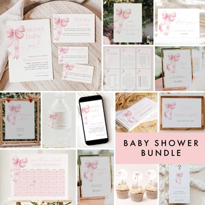 Pink Bow Baby Shower Invitation and Games Bundle, Coquette Baby Invitation and Games, Baby Girl Shower Signs Download, Editable Games #088