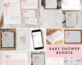 Pink Bow Baby Shower Invitation and Games Bundle, Coquette Baby Invitation and Games, Baby Girl Shower Signs Download, Editable Games #088