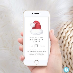 Electronic Christmas Party Invitation Template, Digital Holiday Party Invite, Santa Hat Text message E-vite Templett