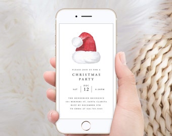 Plantilla de invitación electrónica para fiesta de Navidad, invitación digital para fiesta navideña, plantilla de mensaje de texto con gorro de Papá Noel