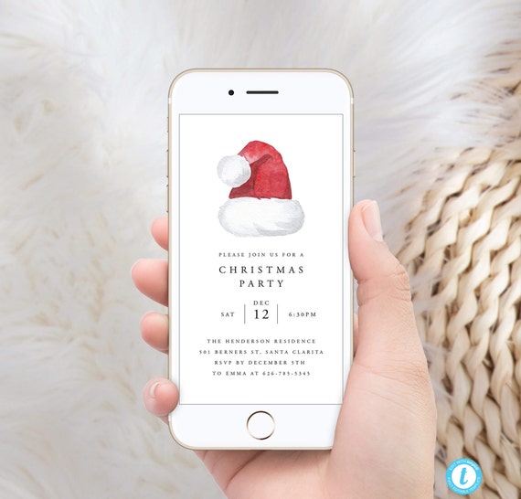 Electronic Christmas Party Invitation Template, Digital Holiday Party Invite, Santa Hat Text message E-vite Templett