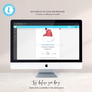 May include: A digital mockup of a Christmas party invitation with a watercolor illustration of a Santa hat. The invitation text reads "Please join us for a Christmas Party, Sat Dec 12, 6:50pm, The Henderson Residence, 321 Benson St, Santa Clarita".