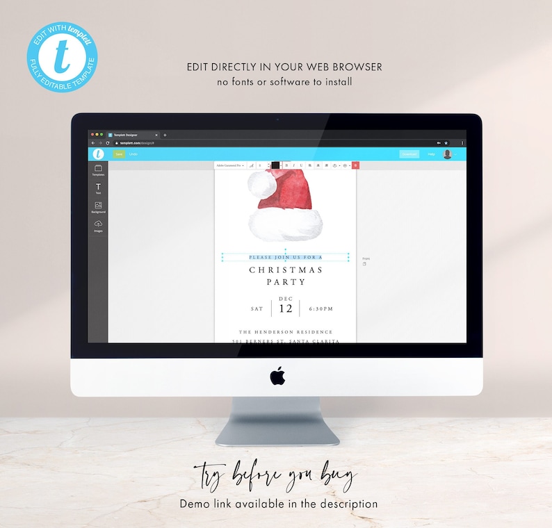 May include: A digital mockup of a Christmas party invitation with a watercolor illustration of a Santa hat. The invitation text reads "Please join us for a Christmas Party, Sat Dec 12, 6:50pm, The Henderson Residence, 321 Benson St, Santa Clarita".