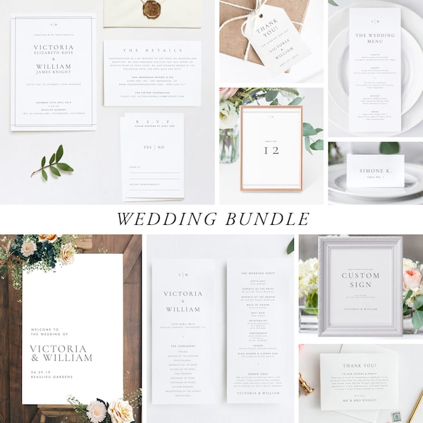 Wedding Bundle Download Elegant Wedding Invitation Template Program Place cards Table number Thank you tag Welcome Custom sign Templett 14