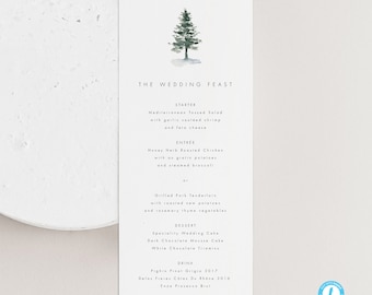 May include: A wedding menu with a watercolor illustration of a pine tree. The menu lists the starter, entree, dessert, and drink options. The text reads "The Wedding Feast".