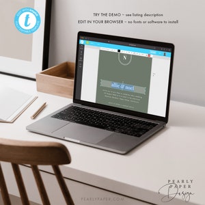 May include: A laptop computer screen displaying a wedding invitation template with a green background and the text "allie & noel" in blue. The text "TRY THE DEMO - see listing description" and "EDIT IN YOUR BROWSER - no fonts or software to install" is displayed at the top of the screen.