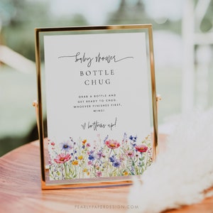 Bottle Chug Game Sign Template, Wildflower Baby Game Sign, Boho Floral Baby Shower Drink Game, Baby Shower Game Download, Templett #082