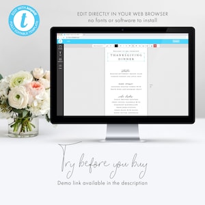 May include: A computer screen displaying a Thanksgiving dinner menu template. The menu is titled "Thanksgiving Dinner" and lists the dishes: "Appetizer", "Main Course", and "Side Dishes". The text "Try before you buy" is displayed below the computer screen.