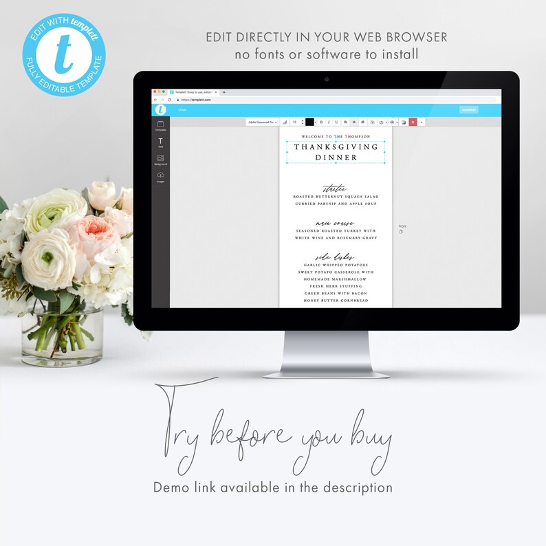 May include: A computer screen displaying a Thanksgiving dinner menu template. The menu is titled "Thanksgiving Dinner" and lists the dishes: "Appetizer", "Main Course", and "Side Dishes". The text "Try before you buy" is displayed below the computer screen.