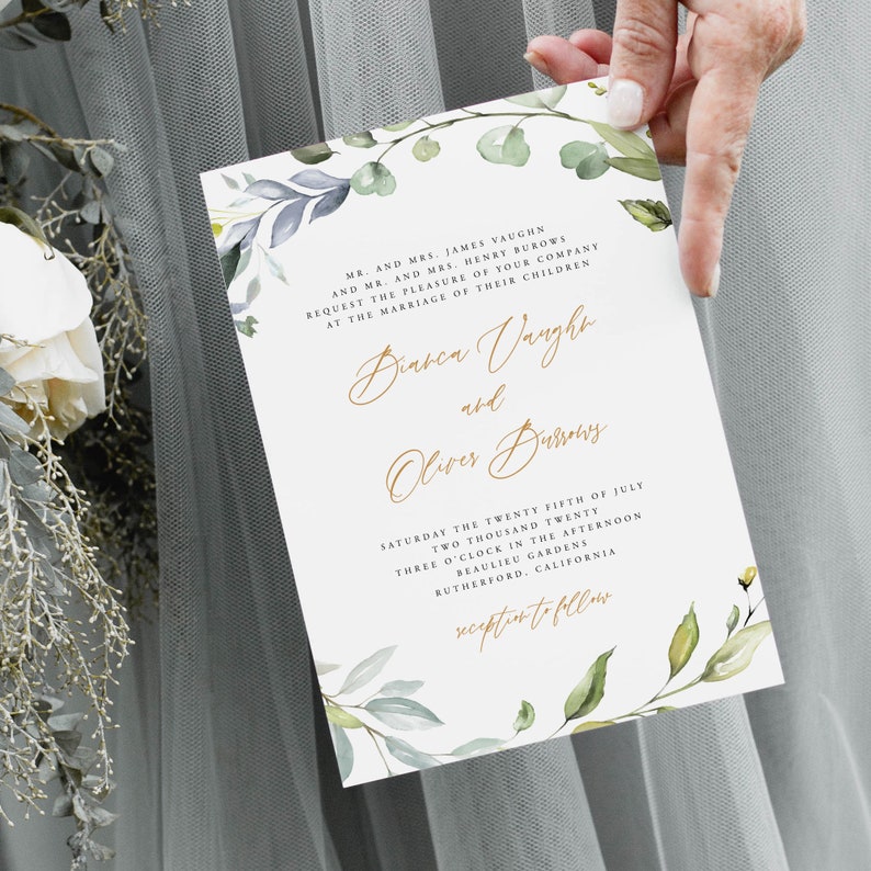 May include: A white wedding invitation with green watercolor floral border. The invitation reads "Mr. and Mrs. James Vaughn and Mr. and Mrs. Henry Burrows request the pleasure of your company at the marriage of their children Bianca Vaughn and Oliver Dussey Saturday the twenty fifth of July two thousand twenty three o'clock in the afternoon Beaulieu Gardens Rutherford, California reception to follow"