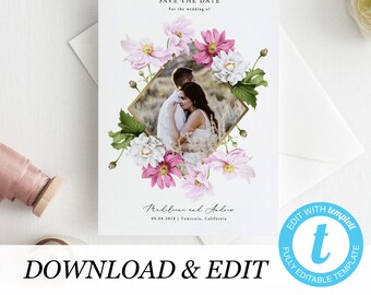 Photo Save the Date Printable Invitation Template, Templett, floral invitation elegant printable wedding invite Wedding DIY instant download