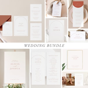 Peut inclure: Une suite d'invitations de mariage au design minimaliste moderne. La suite comprend une pancarte de bienvenue, une carte RSVP, une carte de détails, une carte de réception, une carte de fête de mariage, une pancarte personnalisée et une carte de remerciement. Les cartes présentent un design d'arche simple avec les noms Alicia et Joshua en police rose clair.