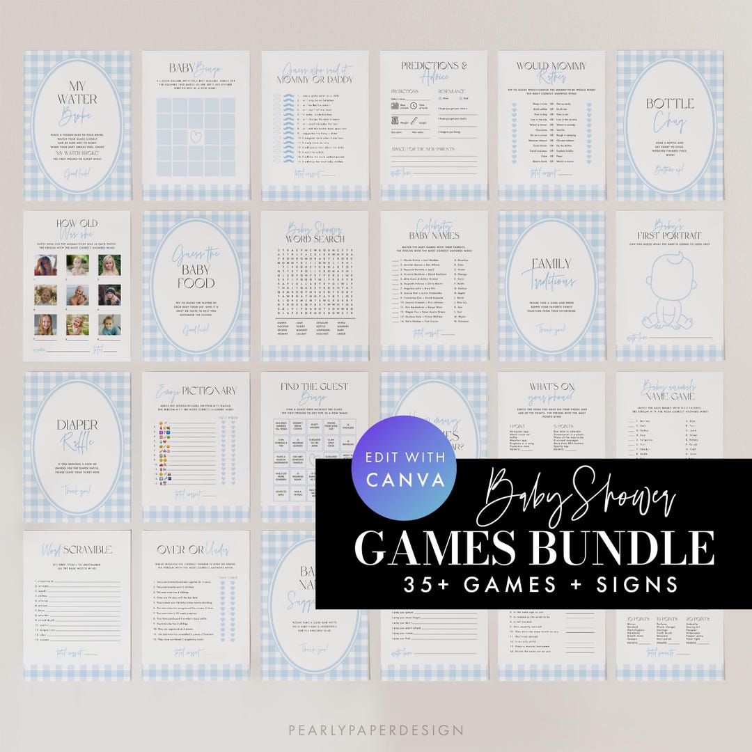 Blue Gingham Baby Shower Games Bundle, Boy Baby Shower Games Bundle ...